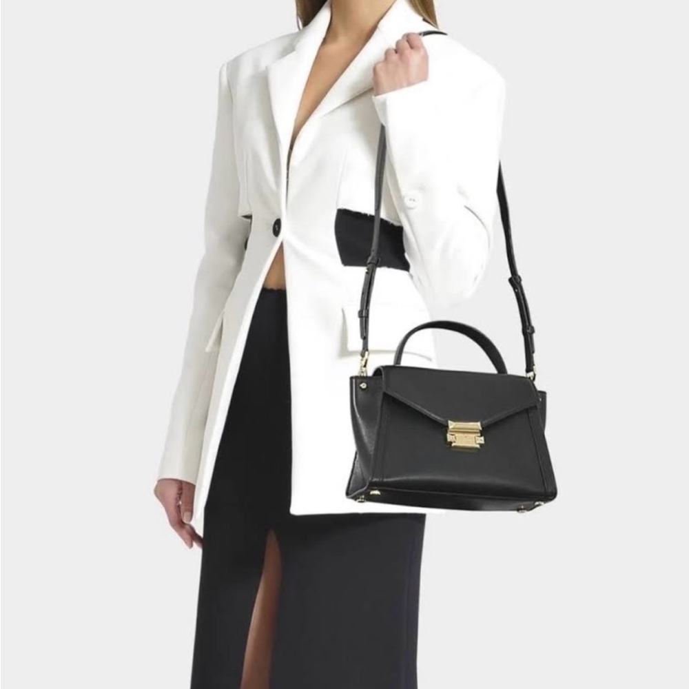 MICHAEL MICHAEL KORS Whitney Flap Satchel Signature Logo Black Leather NWT - Picture 6 of 7